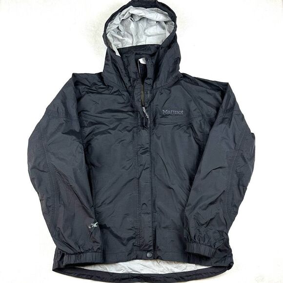 Marmot Jet Black Rain Jacket Foldable Hood Women’s Petite S - Picture 1 of 11